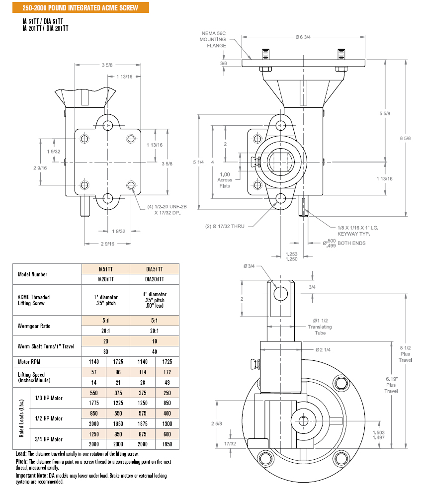250-2000 POUND INTEGRATED ACME SCREW